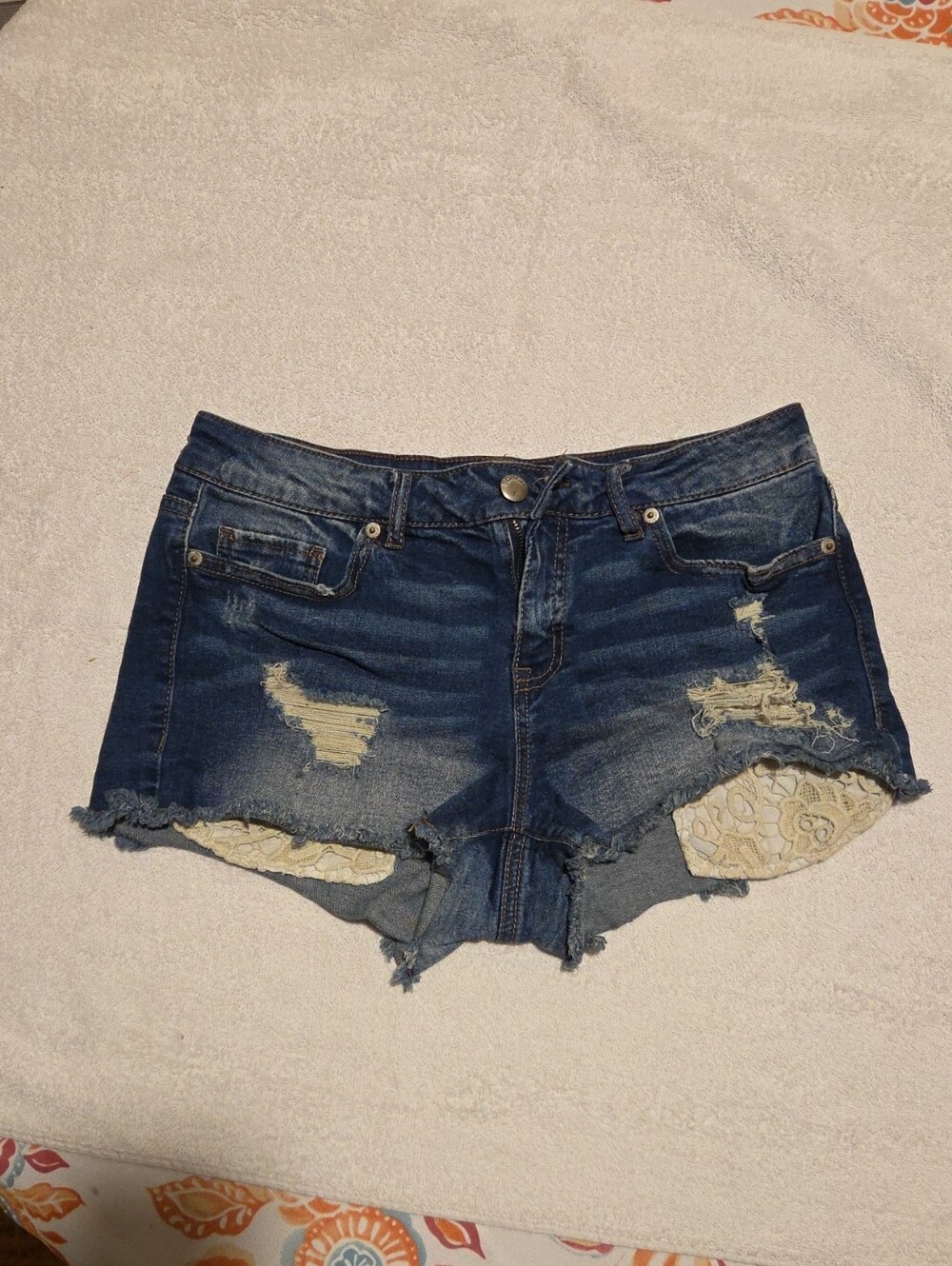 Bongo Denim Lace-Trim Distressed Women’s Shorts - Blue